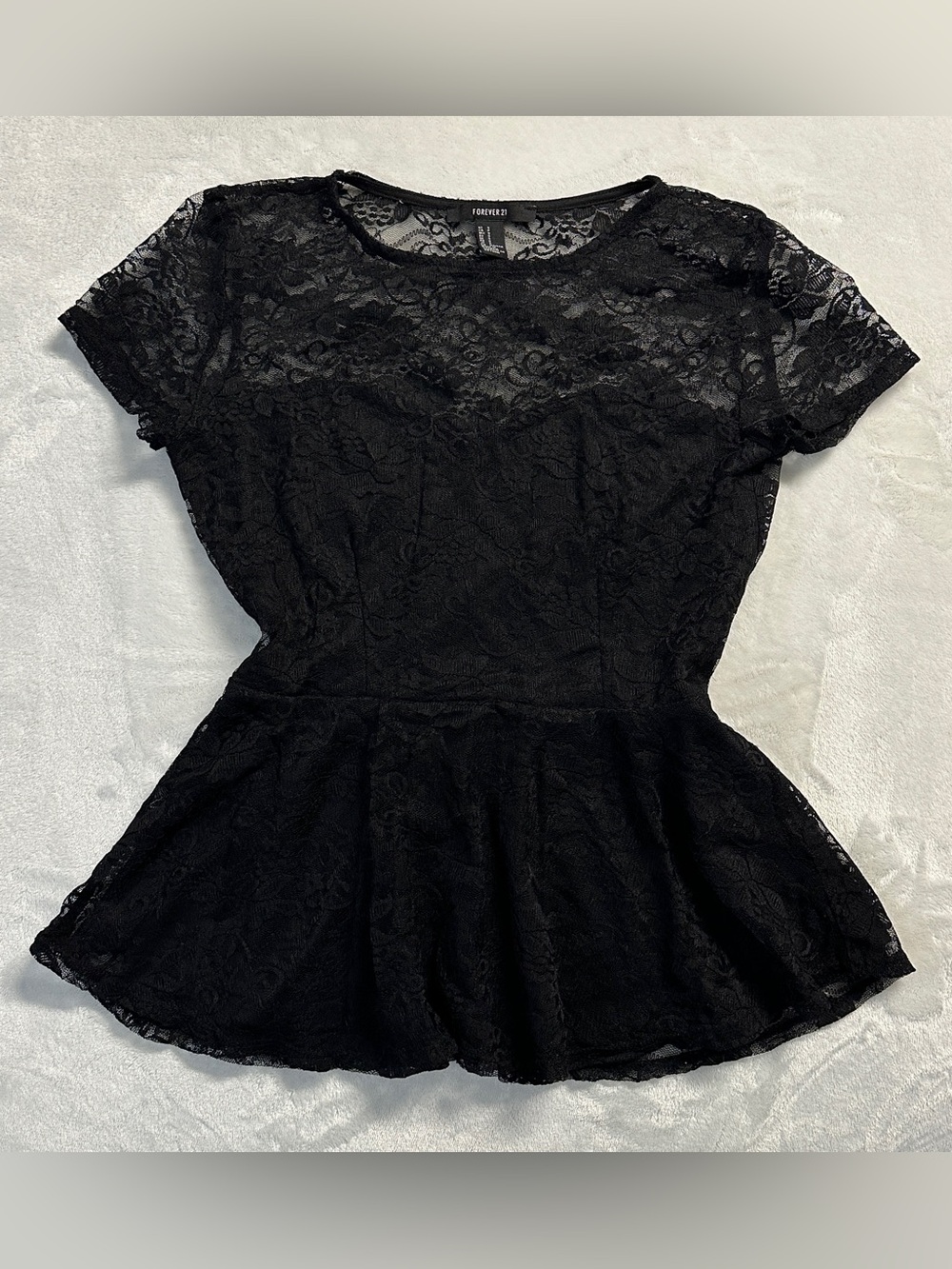 FOREVER 21 women's black lace peplum top, S.